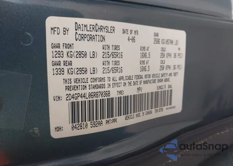 2006 Dodge Grand Caravan Sxt z USA, uszkodzony, nr VIN 2D4GP44L06R870368